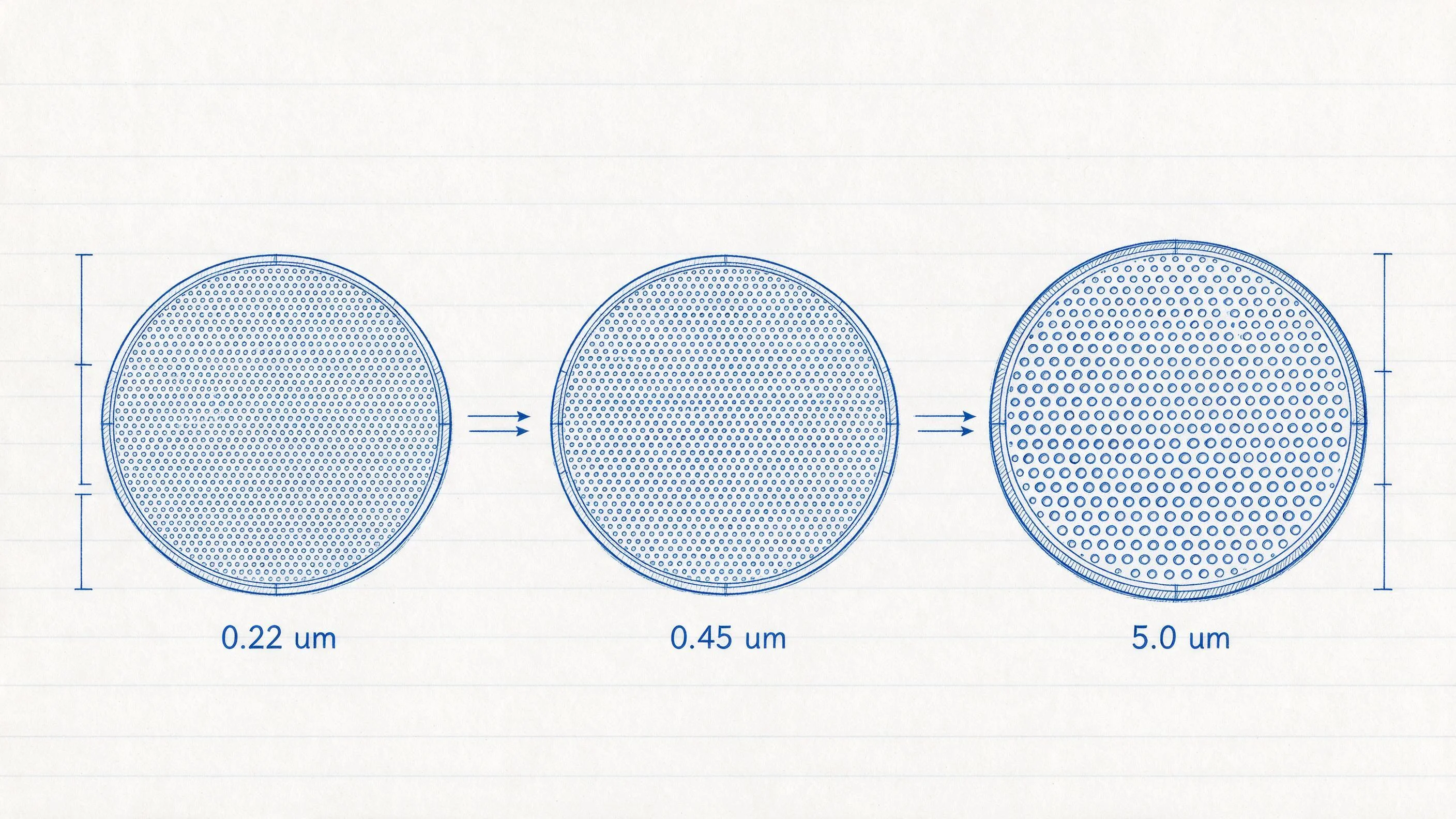 Membrane pore size comparison diagram: 0.22, 0.45 and 5.0 micron